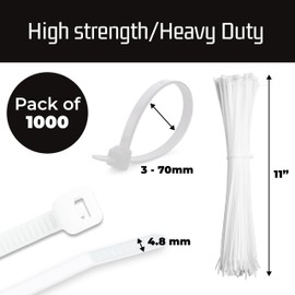 Bolt Dropper 11" White Zip Cable Ties (1000 Pack), 50lbs Tensile Strength - Heavy Duty, Self-Locking Premium Nylon Cable Wire Ties for Indoor and Outdoor by Bolt Dropper (White)