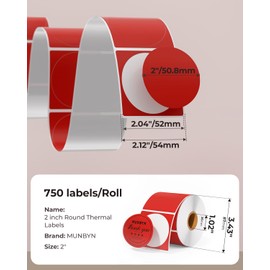 MUNBYN 2 Inch Red Round Thermal Labels, Multi-Purpose Self-Adhesive Circle Thermal Label Stickers for Business, 750 Sheets/1 Roll