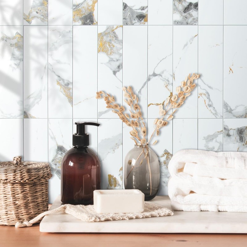 AULIGET 40-Piece Polished White Marble with Gold Peel and Stick