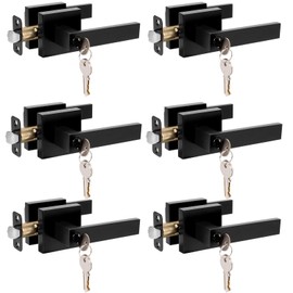 HOSOM Entry Door Handles with Lock and Key, Black Door Handle Interior, Square Exterior Door Handle, Modern Entrance Door Lever for Left Right Heavy Duty Door Lock Door Knob, Matte Black, 2 Pack