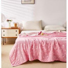 MEJU Love Star Moon Pink Heart Girls Muslin All Season Blanket Decorative for Bed Sofa Couch 100% Cotton 3 Layer Soft Warm Reversible Bedspread Throw Blanket Bed Coverlet Sheet Twin 60 in x 80 in