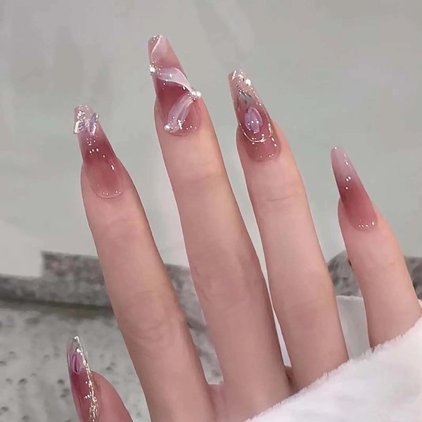24pcs Long French Press-On False Nails with Tulip Pearl Ribbon