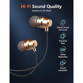 Deep Bass In ear headphones 3.5mm jack,Extra Bass High Sensitivity Wired Headphones With Hifi Stereo Sound|in-ear Noise Cancelling headphone Comptible With Smartphone Tablet Computer laptop (Gold)