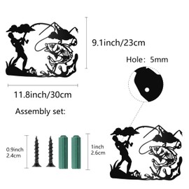 CREATCABIN Fishing Metal Wall Art Decor Fish Black Wall Signs Iron Hanging Metal Ornament Wall Sculpture Gift for Home Office Balcony Garden Living Room Kitchen Decoration Christmas 11.8x9.1Inch