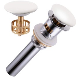 Kingsman Bathroom Sink Overflow Pop Up Drain Stopper with Removable Brass Strainer Basket, Anti clogging Sink Drain (Ceramic (Pure White))