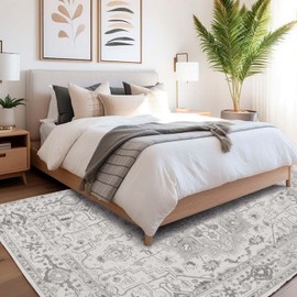 TTRWIN 4x6 Area Rugs - Non-Slip Machine Washable Boho Low Pile Indoor Rug, Pet & Child Friendly, Vintage Home Decor Rug Perfect for Living Room, Bedroom, Dinning Room (4x6 Gray)