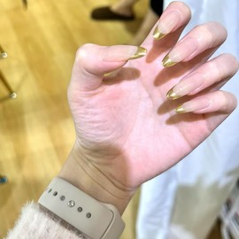 French Tip False Nails - Gold Press on Nails Almond - Long Stiletto Nude Acrylic Nails - Summer Nails Full Cover Fake Nails with Glue - Stick on nails for Women Girls