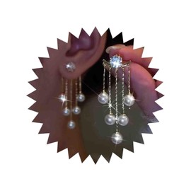 Atentuyi Boho Wedding Tiny Pearl Drop Dangle Earrings Gold Tassel Chain Earrings Small CZ Stud Earrings Crystal Ear Jacket Pearl Front Back Earrings Bridal Jewellery for Women and Girls