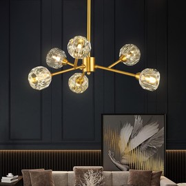 Weesalife Sputnik Chandeliers for Dining Room Light Fixture Over Table, Modern Crystal Chandeliers, 6 Lights Gold Lighting Fixtures for Living Room Bedroom Kitchen Island