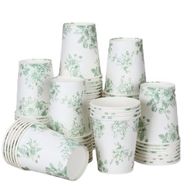 heirox 50Pcs 9oz Floral Paper Cups Sage Green Flowers Cups Disposable Green and White Drinking Cups for Cold Hot Drinks Party Supplies