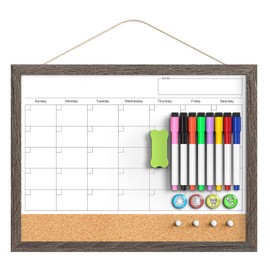 Whiteboard Calendar & Corkboard for Wall, 17"x13" Magnetic Dry Erase Monthly Calendar with Wood Framed, White Board Cork Board Combo, Calendar Bulletin Board for Home Kitchen Office Memo Planner