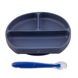 PAPU BABY Plato con divisiones y cuchara de silicón para bebés. Libres de BPA. Plato con succión. Silicón de grado alimenticio. Alimentación independiente.(Azul Marino)