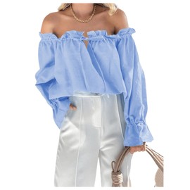 SOLY HUX Women's Frill Trim Off Shoulder Flounce Long Sleeve Casual Blouse Tops Plain Light Blue Large