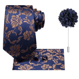 Hi-Tie Mens Tie Lapel Pin Set Pocket Square Cufflinks Woven Silk Ties for Men Wedding Formal,Blue Gold Flower