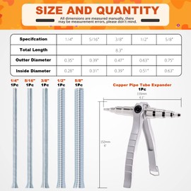 Tanstic 6Pcs Spring Tube Bender Set with Copper Pipe Tube Expander, 1/4" 5/16" 3/8" 1/2" 5/8" Spring Tubing Benders, Copper Pipe Swaging Tool Hand Expanding Tool Refrigeration Tool for Copper Tubing