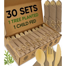 EcoPreps Premium Pre Rolled Napkin and Bamboo Cutlery Set with Brown Napkins (30 Pack, 120 PCS) 100% Biodegradable, Eco-Friendly, Disposable Wrapped Cutlery - Pre-Wrapped Bamboo Forks, Knives, Spoons