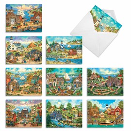 This Old Town - 10 Boxed Blank Greeting Cards with Envelopes (4 x 5.12 Inch) - All Occasion Note Cards with Painted Scenery, House, Boats - Animal Notecards Bundle for Any Occasion AM6329OCB-B1x10
