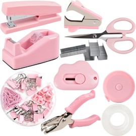 ChezMax Pink Desk Accessory Kit Includes Stapler with Staples Staple Remover Tape Dispenser Transparent Tape Scissors Push Pins Paper Clips Binder Clips Single Hole Punch Telescopic Knife Tape Measure