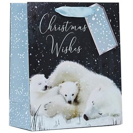 Partisan Products Christmas Wishes Polar Bear Gift Bag with Blue Handle and Gift Tag Xmas Gift Wrap Medium