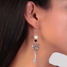 Inilbran Boho Key Earrings Silver Heart Key Drop Earrings Vintage Key Drop Earrings Minimalist Pearl Heart Dangle Earrings Jewelry for Women and Girls