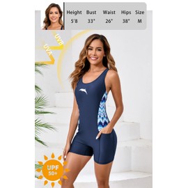 Halcurt Traje de baño deportivo de una pieza con bolsillo y espalda cruzada para mujer, Azul marino/ola de agua, X-Large