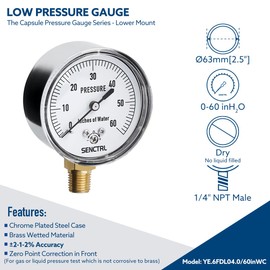 SENCTRL 0-60 Inches of Water Column Gauge, Low Pressure Capsule Gauge, 2-1/2" Dial Size, 1/4" NPT Lower Mount, Zero Adjustment, for Air Water Gas Pressure Test