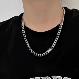 ALRNBY Silver Cuban Chain Necklace for Men Stainless Steel Simple Trendy Jewelry Gift for Teens (55)