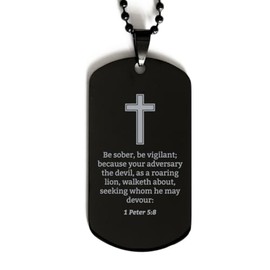 1 Peter 5 8 Necklace - 1 Peter 5:8 Bible Verse Dog Tag Necklace for Men - Christian Bible Gifts for Women - Scripture with Cross - Religious, Inspirational Gifts for Him Her