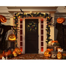 RECUTMS Maple Leaf with Lights Fall Leaves Vine Artificial Autumn Garland Fall Maple Leaf Garland Fall Black Garland 2 Pack for Wall Fireplace Garland Outdoor Indoor Yard (Yellow)