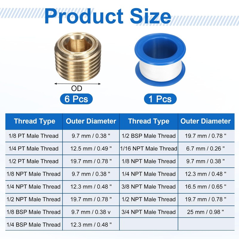 sourcing map 6Pcs 1/8 NPT Brass Pipe Plug Fitting, Male