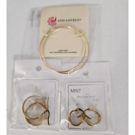Earrings Jewelry 3 Pairs Gold Tone Hoops Thin 2" Wire Medium 1" Small 1/2" NWT