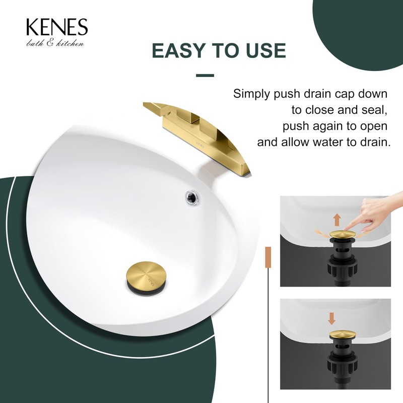 KENES Brushed Gold Pop Up Bathroom Sink Drain with Overflow,