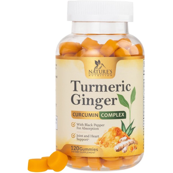 Turmeric Ginger Gummies - Vegan Turmeric Curcumin Gummy with 95% Curcuminoids - Black Pepper for Max Absorption, Herbal Joint Support Supplement, Nature's Tumeric Extract, Peach Flavor - 120 Gummies