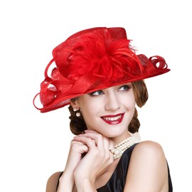 Wedding Bridal Derby Bowler Hats for Women Ladies with Feather Cocktail Tea Party Dress Sinamay Fascinators Hat Red