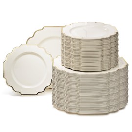 " OCCASIONS " 240 Plates Pack (120 Guests) Heavyweight Wedding Party Disposable Plastic Plates Set -120 x 10.5'' Dinner + 120 x 8'' Salad/Dessert Plate (Imperial Ivory & Gold)