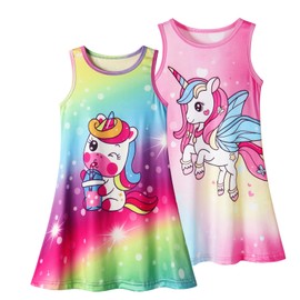 Jurebecia Little Girls Rainbow Unicorn Nightgowns Nightie Dress Pajamas Kids Unicorn Nightdress Sleeveless Sleepwear Nightgown Sleep Shirts Pack of 2 Size 7-8 Years