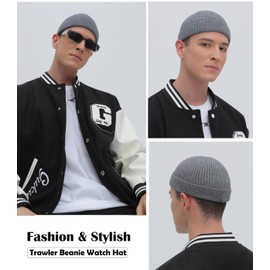 Dumrotite Swag Wool Short Fisherman Beanie for Men Women, Knit Cuff Trawler Beanie Watch Hat, Soft Spring Fall Skull Cap Unisex Light Grey