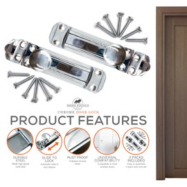 Polished Chrome Sliding Door Lock, Heavy-Duty Steel Door Bolts for Internal Doors, Surface-Mounted Bathroom, Internal Lock Slide for Bedroom, Bathroom & Cupboards (Pack of 2)
