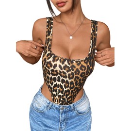 GORGLITTER Women's Bodysuit U Neck Leopard Pattern Body Sleeveless Bodysuits Backless Bodysuits Thong Blouse Body Leo Tops Party Bodies, khaki, L