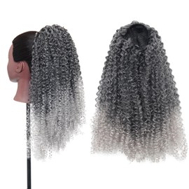 GOTEFERBE Kinky Curly Drawstring Ponytail Grey Afro Curl Synthetic Hair Extension Clip In Ponytail for Women Thick Natural Looking No Shedding Hairpiece 18 Inch