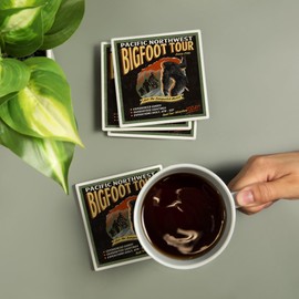 Pacific Northwest, Bigfoot Tours, Vintage Sign (Absorbent Ceramic Coasters Set of 4 Matching Images, Cork Back, Kitchen Table Decor)