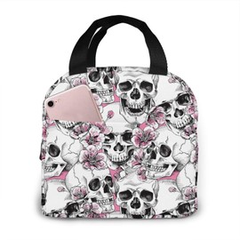 Hulnulnu Insulated Lunch Bag with Skull and Flowers Reusable Portable Cooler Box Waterproof for Picnic Office Work