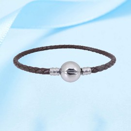 KunBead Jewelry Brown Leather Bead Charms Bracelets Clip Lock Clasp Snake Chain Basic Bracelet Gifts for Birthday