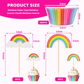 Calkkrer Pack of 100 Muffin Cases Paper, 12 Rainbow Cupcake Toppers, Muffin Mould Paper for Children's Birthday, Baby Shower, Muffin Baking Mould, Cupcake Decoration for Dessert