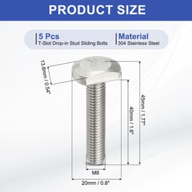 PATIKIL M8 x 40 mm T Slot Bolts, 5 Pcs 304 Stainless Steel Drop-in Bolt T Shape Stud Sliding Screw Metric Thread Hammer Head Bolt for T Track, Silver
