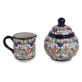 NOVICA Artisan Handcrafted Ceramic Sugar Bowl Creamer Mexican Artisan Set Multicolor Beige Blue Mexico Tableware Serveware Coffee Tea Service Floral [sugar Bowl 4.5in H x 3.5in Diam. 8 Oz. Creamer 2.]