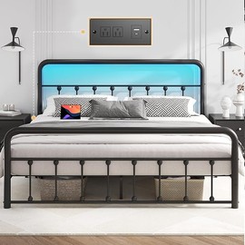Queen Bed Frame Classic Metal Platform Bed Frame with Charging Station & LED, Victorian Style Iron-Art Headboard/Footboard, Under Bed Storage, No Box Spring Needed, Noise Free, Black