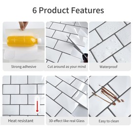WoStick Peel and Stick Wall Tiles, 1.6 mm Thick, 10 Sheets, Subway Design, Splash Guard Tiles for Kitchen, 30.5 x 30.5 cm