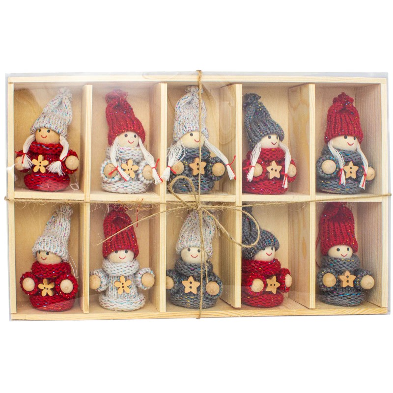 BRUBAKER 10-Piece Set Christmas Dolls - Wood/Knit - 3.2 Inches