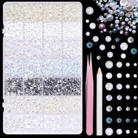 Pearls and Resin Rhinestones for Crafting, 28 Grids White Bedazzling Gems Kit 3/4/6/8mm Half Pearls, 3/4/5/6mm Jelly Resin Rhinestones for Nails Face Eyes Makeup Crafts